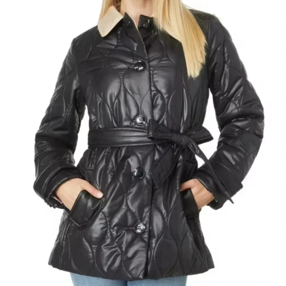 Kate Spade New York Single Breasted Belted Quilted Puffer With Contrast Collar